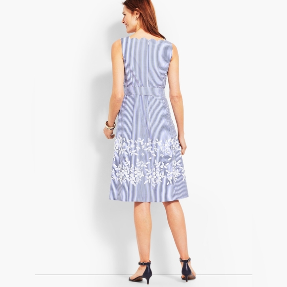 Talbots Sleeveless Blue White Striped Embroidered Fit Flare Dress, 8 Petite - Picture 2 of 8